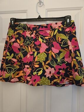 Lands' End Navy Floral Mini Skirt with Pink & Neon Yellow Accents